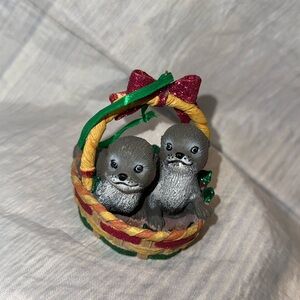 DANBURY MINT The Baby Animal Ornament OTTER TWINS BASKET Christmas